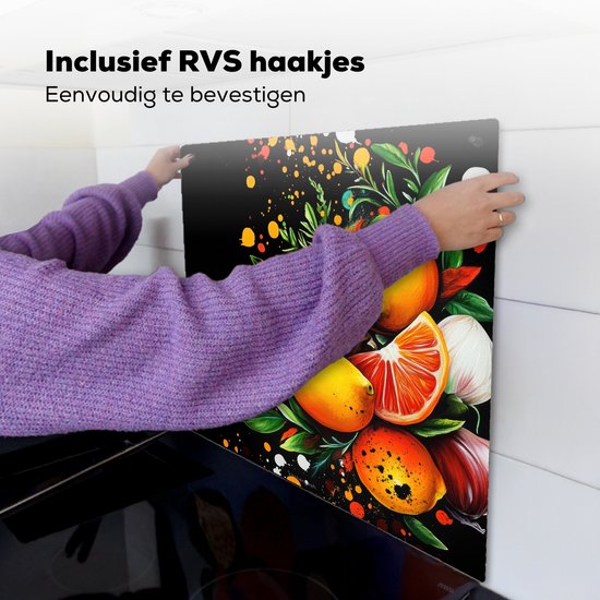 KitchenYeah® Protection plaque induction 60x55 cm - Noir - Citrons - Herbes - Graffiti - Peinture - Protege plaque de cuisson - Couvre plaque induction - Protecteur d'induction - Cuisine