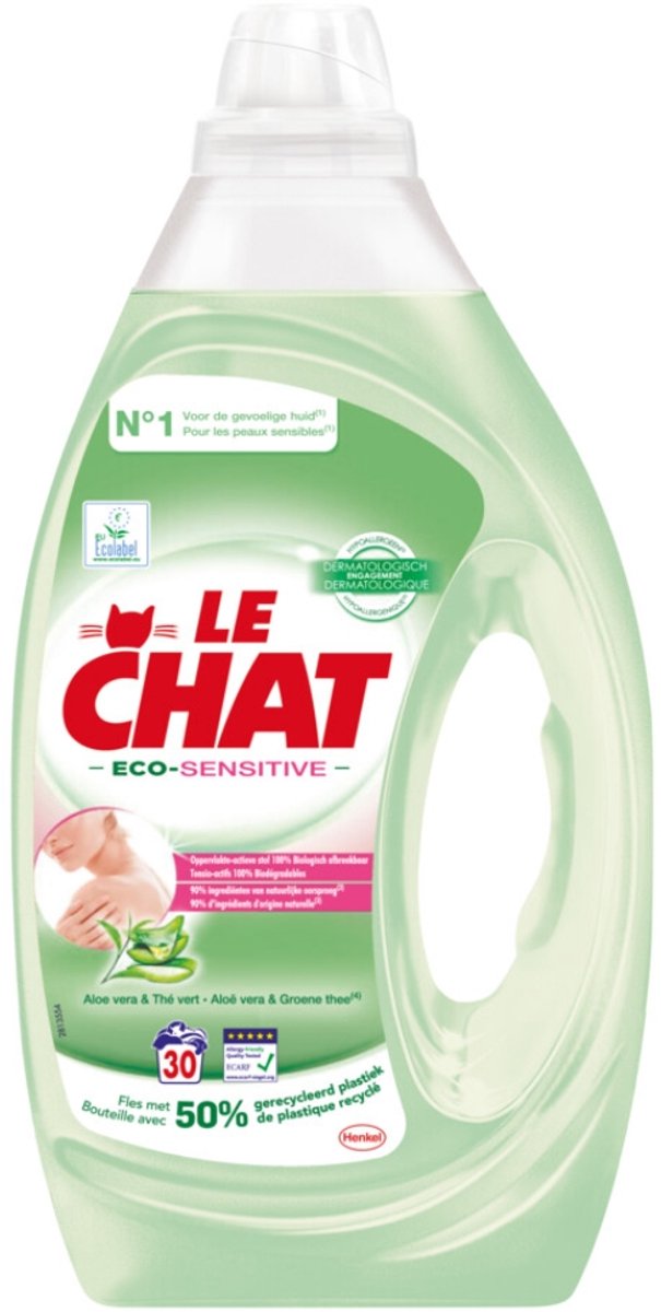 Le Chat Eco-Sensitive - Vloeibaar Wasmiddel - Witte en Gekleurde Was - Aloë Vera & Groene Thee - 30 Wasbeurten - 1 stuk