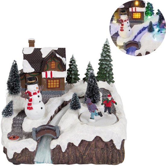 Cheqo® Kerstdorp met Kersthuisje - Kersttafereel - Kerstdecoratie - Met LED Licht - Sneeuwpop en Bewegende IJsbaan