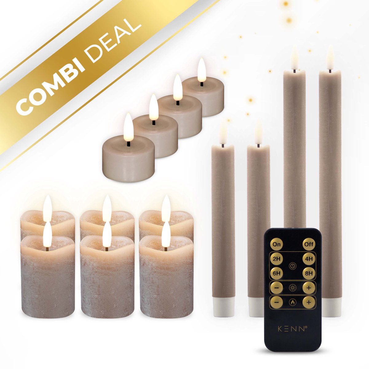 KENN® LED Kaarsen Set – Complete Kaarsenbundel – Taupe – Set van 14 – Echte Wax – Met Afstandsbediening & Timer – Tot 300 Branduren – Realistisch Vlameffect – LED Kaarsen op Batterijen – LED Dinerkaarsen – LED Stompkaarsen – LED Waxinelichtjes