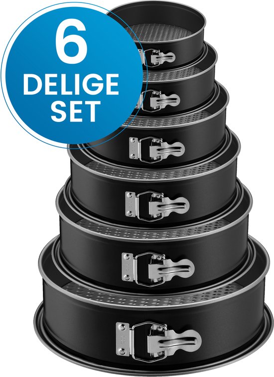Ronde bakvormen - 6 Delige Set - Taartvormen - Springvorm Set - Non-stick Coating - Ø12 t/m 28 cm - Losse Bodem - Stapelbaar - Voor Cake, Taart, Quiche - Zwart