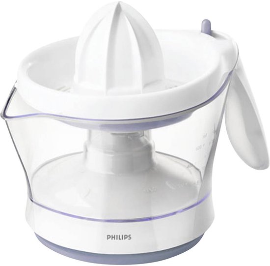Witte Philips citruspers met een transparante sapopvangbak en blauwe accenten.