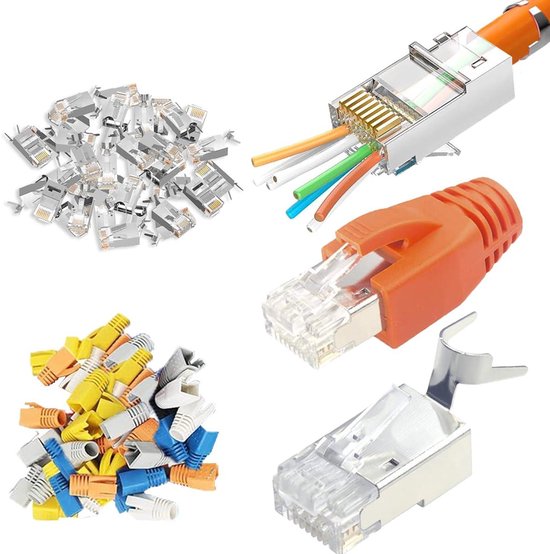 20x RJ45 krimpstekker oranje CAT6 metaal afgeschermd met inrijhulp en