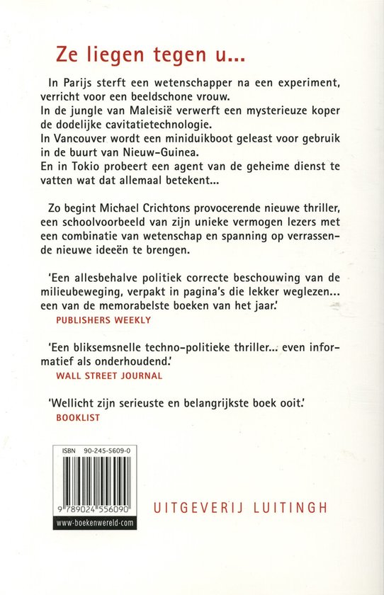 Achterkant van het boek Staat van Angst van Michael Crichton. Bevat ISBN en uitgeverij Luitingh.