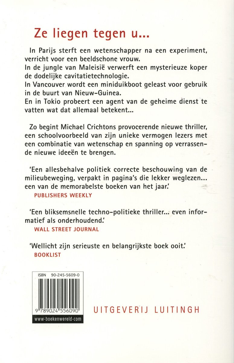 Achterkant van het boek Staat van Angst van Michael Crichton. Bevat ISBN en uitgeverij Luitingh.