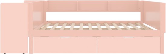 Roze slaapbank met bureau, twee lades en boekenplanken, zonder matras.