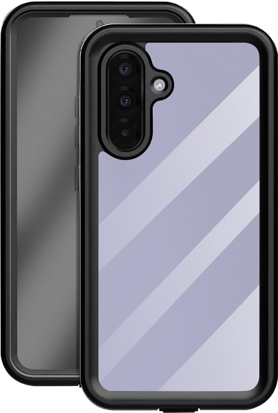 Coque Redpepper noire avec dos transparent et rayures violettes, avec un Samsung Galaxy A36.