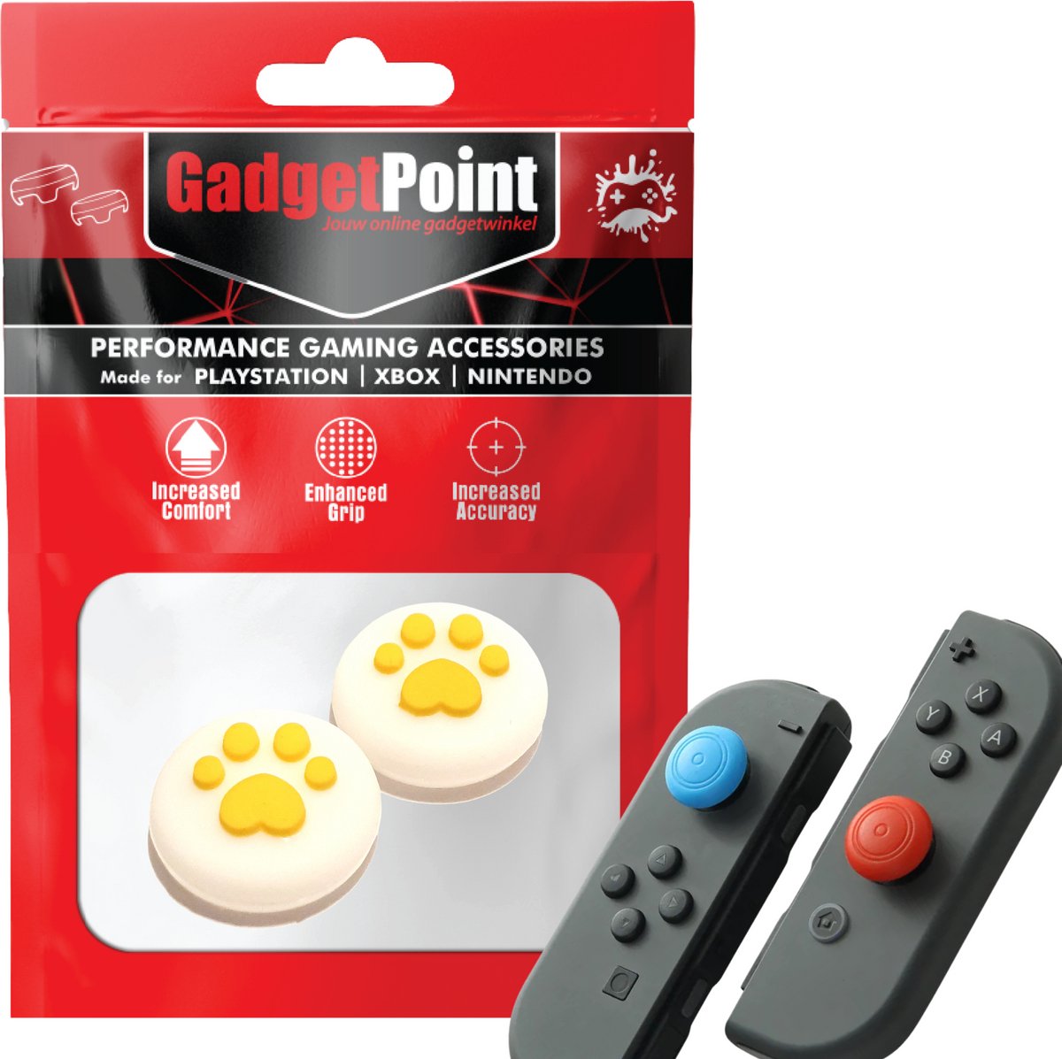 Gadgetpoint | Gaming Thumb Grips | Performance Thumbsticks | Accessoires geschikt voor Nintendo Switch Joy-Con Controller(s) | Thumbgrips | Pootjes - Wit met Geel