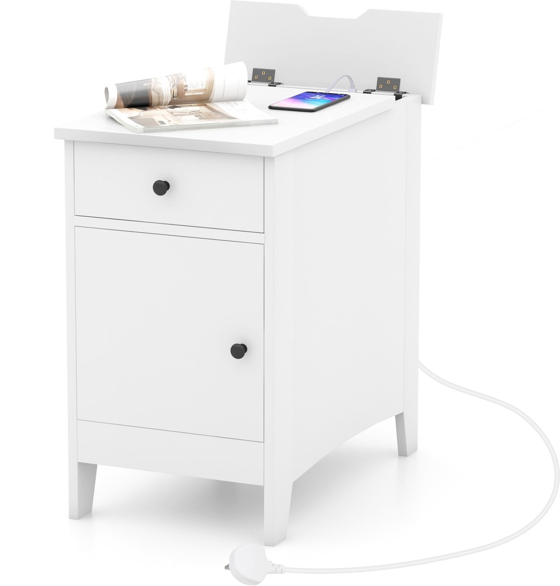 Costway Nachtkastje met lade, bijzettafel met USB-poorten en stopcontacten en vak, nachtkastje voor woonkamer, slaapkamer, smalle salontafel, 60 x 35 x 60 cm (1 pak, wit)