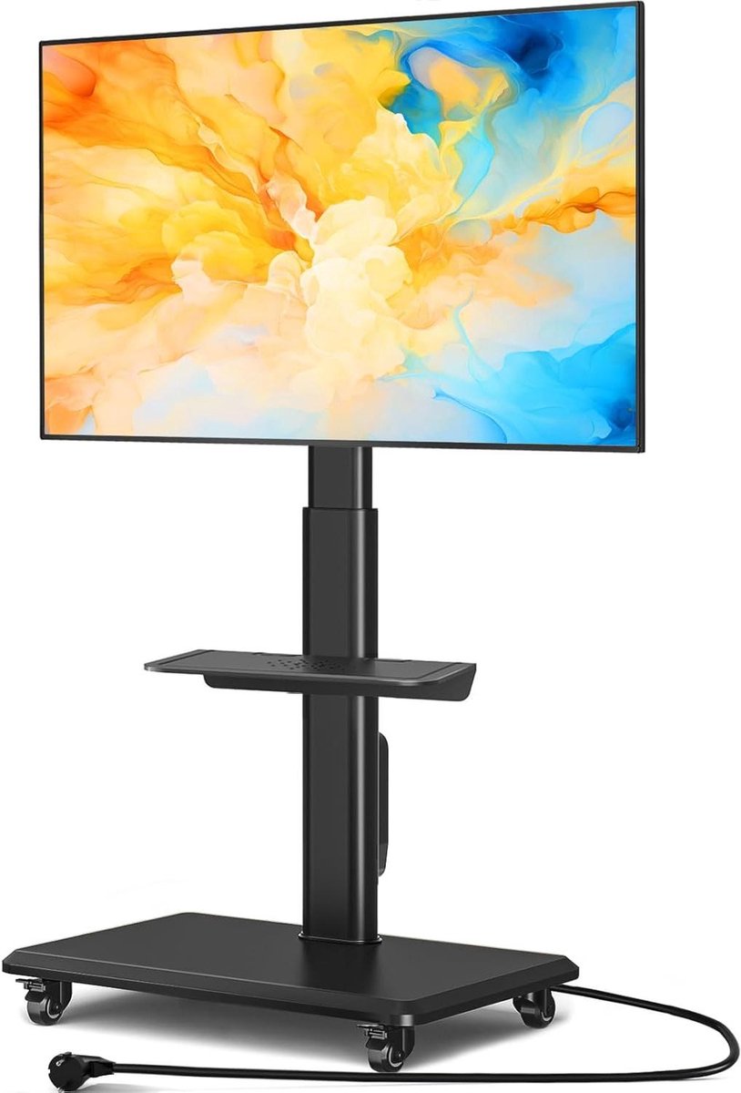Mobiele tv-standaard op wielen voor platte gebogen 32-55 inch tv's - draaibare rollende tv-standaard met houten basis, in hoogte verstelbaar met één plank, Max VESA 400x400 mm tot 35 kg