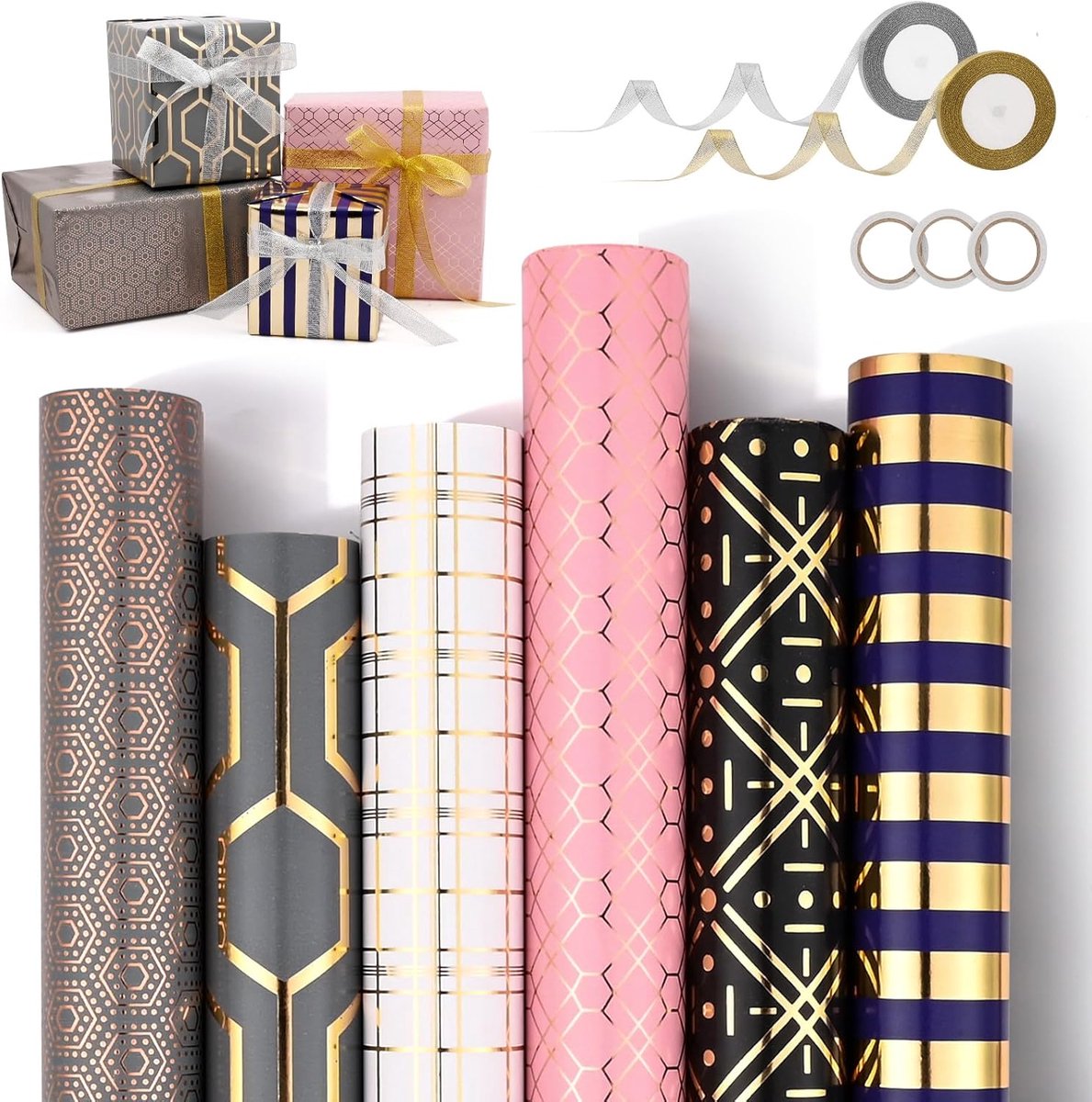 Geschenkpapierrol Set 300 x 43 cm met Lint en Plakband - Goudprint Kraftpapier Voor Verjaardagen en Bruiloften