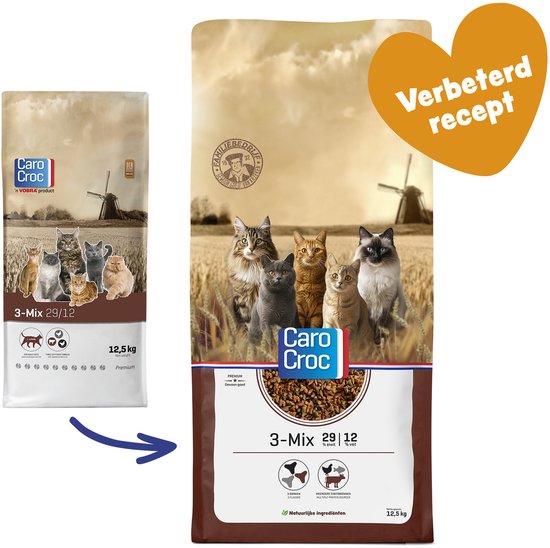 Verpakking Caro Croc 3-Mix 12,5 kg met 6 katten enamélioration van recept.