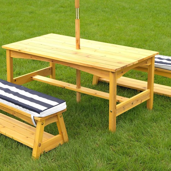 Houten picknicktafel met bankenset voor buiten met kussens en parasol - ideaal tuinmeubilair voor kinderen van Houten — afbeelding 3