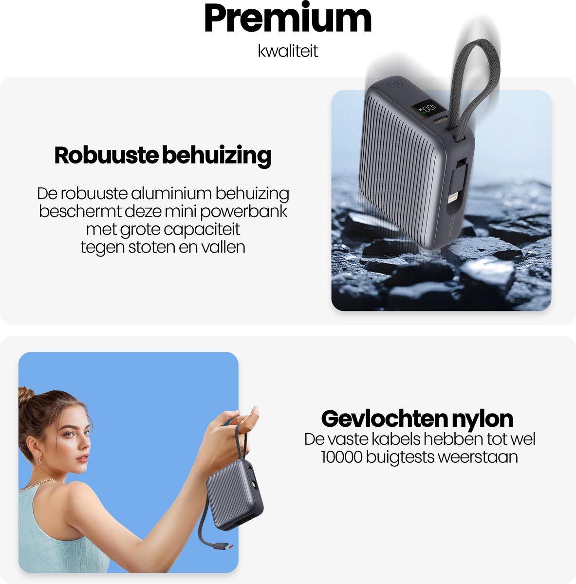 2x Mini Powerbank 10000 mAh Snellader met Ingebouwde Kabels - afbeelding 3