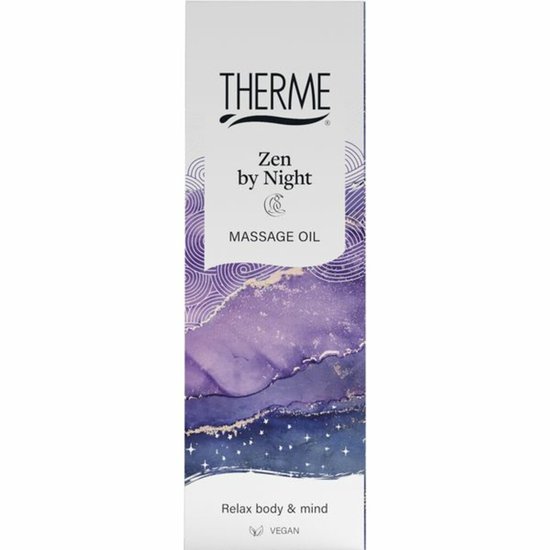 Doosje Therme Zen by Night massageolie met paarse, marmerachtige print en sterrenhemel.