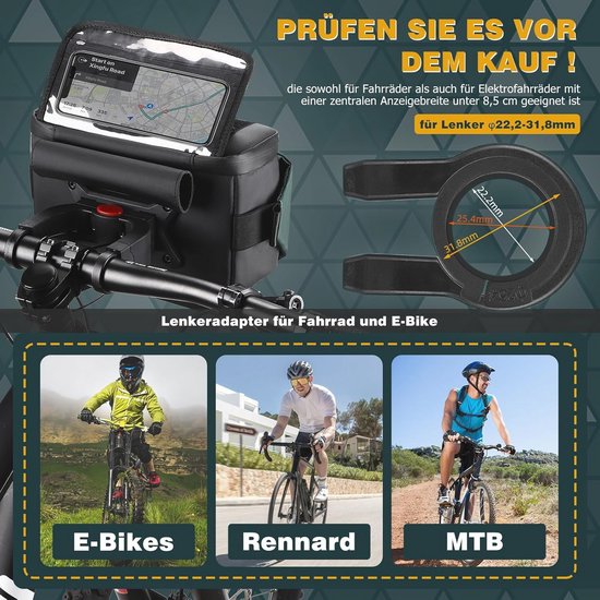 XIQI Fietsstuurtas, fietstas stuur met telefoonhouder voor e-bikes, 3-in-1 tas, waterdicht, met regenbescherming, fietsstuurtassen met stuuradapter, afneembare schouderriem (4 l