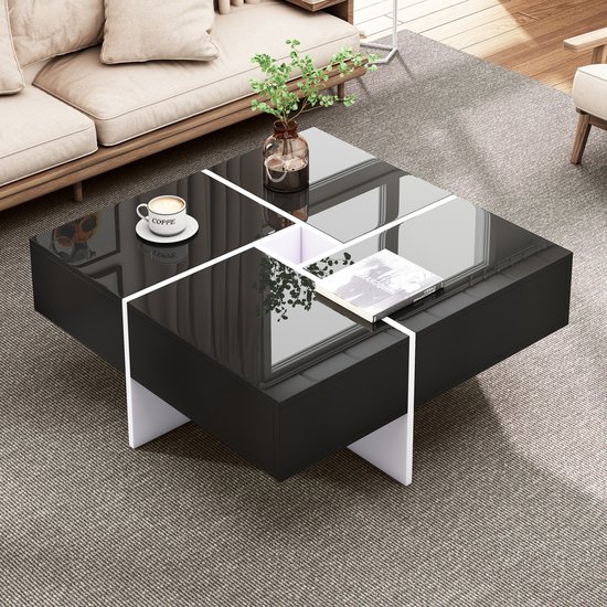 XINGNING Hoogglans salontafel met 4 laden, vierkante woonkamertafel 78