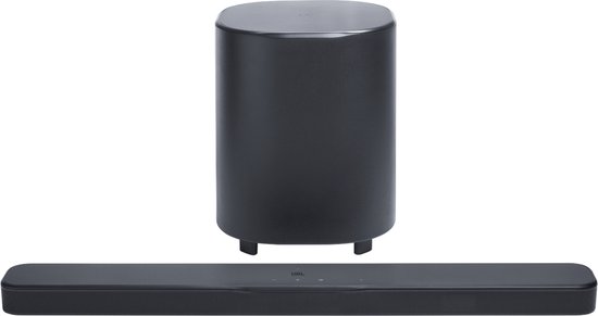 Barre de son et caisson de basses JBL noirs avec finition noire mate.