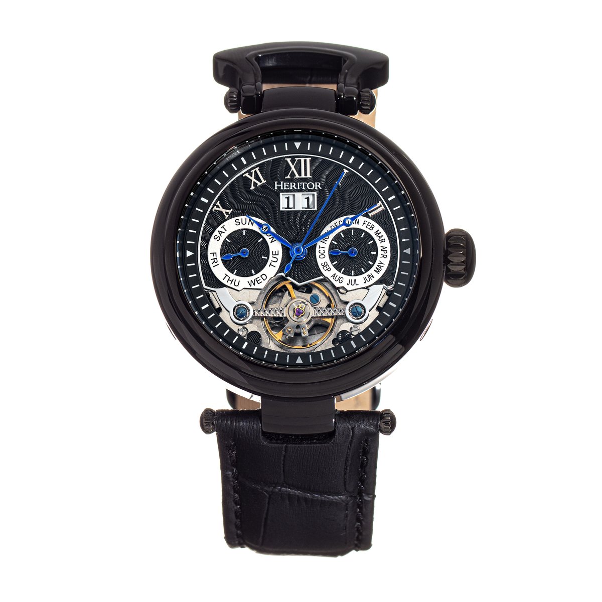 Heritor Automatic Ganzi Semi-Skelet Horloge met Leren Band - Zwart