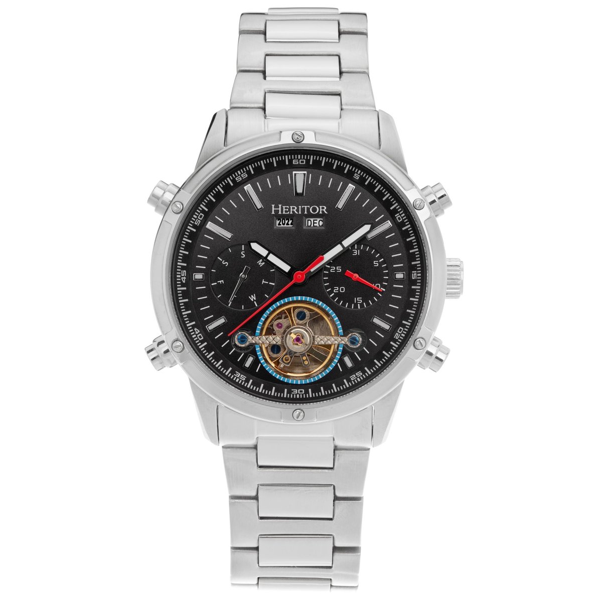 Heritor Automatic Wilhelm Semi-Skelet Armbandhorloge met Dag-Datum - Zilver-Zwart
