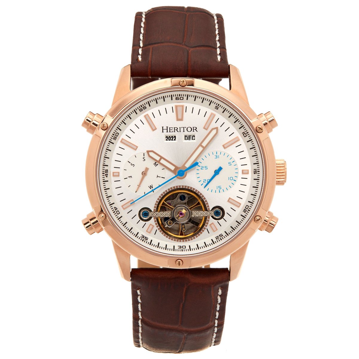 Heritor Automatic Wilhelm Semi-Skelet leren band horloge met dag-datum - bruin-roségoud