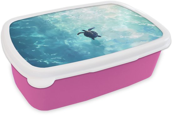 Broodtrommel Roze - Lunchbox Schildpad - Zee - Blauw - Schittering - Brooddoos 18x12x6 cm - Brood lunch box - Broodtrommels voor kinderen en volwassenen