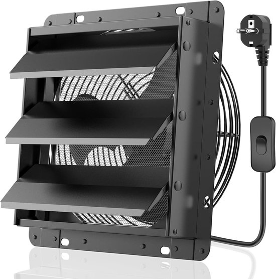HG Power Industriële wandventilator, 250 mm, 1100 m³/u, gaaszeef, uitlaat, EU-stopcontact, aluminium venster voor kelder