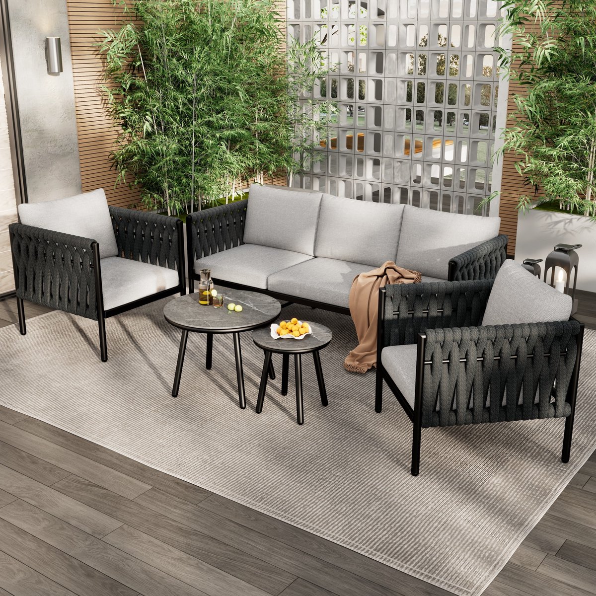 Sweiko Tuin loungeset met 3-zits bank, 2 fauteuils, 2 salontafels.