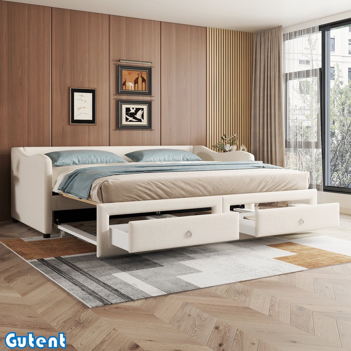 Gutent Slaapbank - 90x200 cm- Uitschuifbed met twee laden- Geen matras- Linnen- Beige