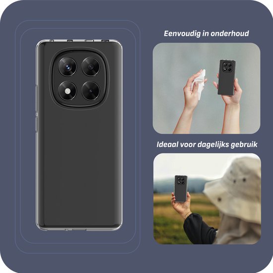 Doorzichtige hoes om de Xiaomi Redmi Note 14 Pro 5G, getoond met doekje en in hand buiten.