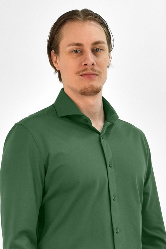 Vercate - Chemise sans repassage - Tricot japonais - Coton piqué - Vert - Slim Fit - Manches longues - Homme - Taille 41/L