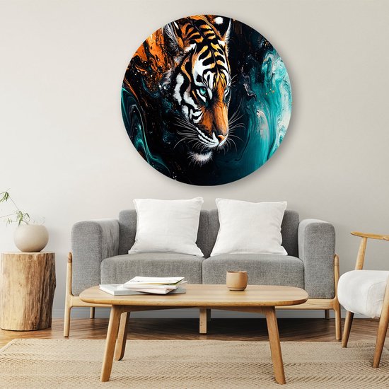 Surrealistische tijger in dynamische kleuren - Tijger muurcirkel - Wandschaal dieren - Surrealistisch - Muurcirkels op maat - Schilderij modern design - Muurcirkel aluminium 60x60 cm