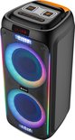 Zwarte Denver Bluetooth speaker met twee ronde, verlichte woofers. Oranje handvat bovenop. 'LINE' display.