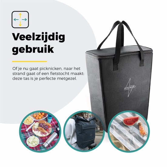 Zwarte koeltas, met afbeeldingen van een picknick, een rugzak en watermeloen op het strand.