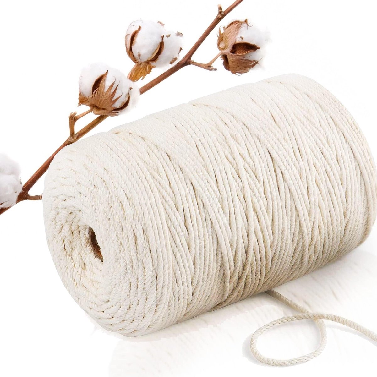 Ibenzoa® Hoogwaardig Katoenen Macramégaren voor Creatieve Handwerken en Decoraties, 3 mm, 200 m, Natuurlijk Wit