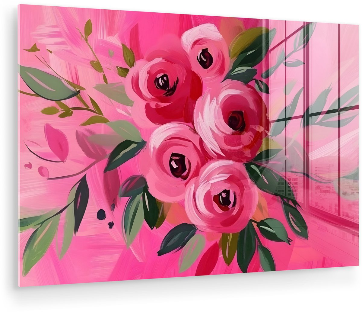MuchoWow® Glasschilderij 150x100 cm - Schilderij acrylglas - Bloemen - Verf - Roze - Foto op glas - Muurdecoratie woonkamer - Wanddecoratie slaapkamer - Schilderijen