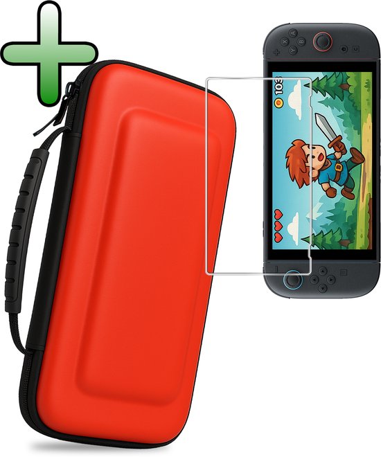 Rode hardcase voor Nintendo Switch met ritssluiting en handvat, met een glazen screenprotector ernaast.