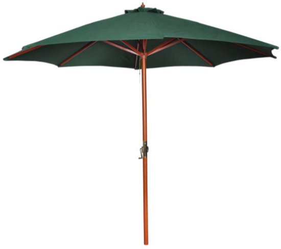 Donkergroene parasol met houten frame en paal.