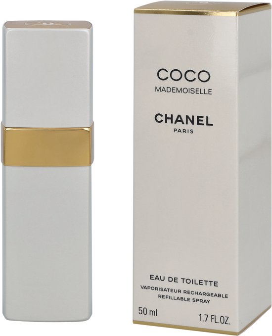 Zilverkleurige parfumfles en COCO MADEMOISELLE CHANEL PARIS EAU DE TOILETTE 50 ml doosje.