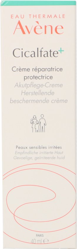 Witte doos met rode en grijze tekst in het Frans. Avene Cicalfate+ crème voor gevoelige, geïrriteerde huid.