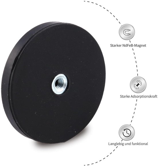 2 Stuks Neodymium Rubber Magneet, 88 mm, Ronde Antislip met M6 Binnendraad, Boring, 55 kg Draagkracht, voor Schroeven, Oog of Haak