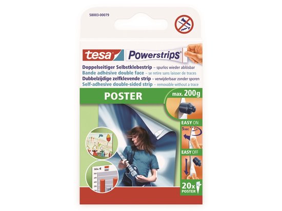Verpakking met 20x tesa Powerstrips Poster, voor objecten tot 200g.