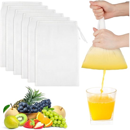 6 toiles filtrantes - Toile filtrante à tissage fin - Sac filtrant en nylon - Sac pour lait de noix - Réutilisable - Avec cordon de serrage - Pour lait de noix, fromage, café, yaourt, jus - 20 x 30 cm