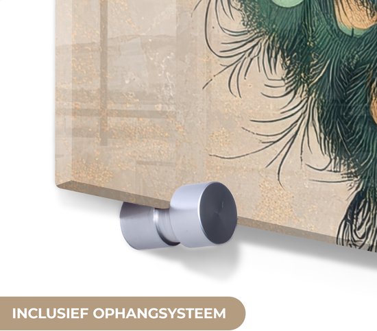 MuchoWow® Peinture sur verre 60x80 cm - Peinture sur verre acrylique - Paon - Branche - Fleurs - Photo sur verre - Décoration murale salon - Décoration murale chambre - Peintures