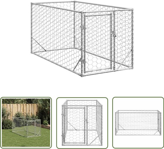 The Living Store Hondenkennel voor buiten met deur 2x1x1 m gegalvaniseerd staal - Hondenkooi - Buitenverblijf Hond - Hondenhok - Hondenweide - Dierenvoliere