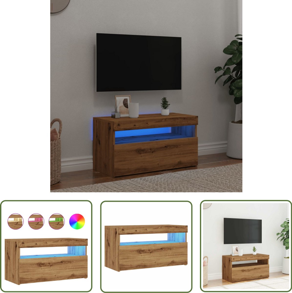 vidaXL Salontafel - Tv Meubel - Tv-meubel met LED 75x35x40 cm bewerkt hout artisanaal eiken - Houten Tv Kast - Led Tv Meubel - Rgb Licht