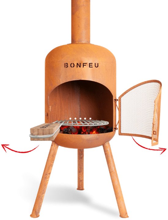 Foto: Bonfeu bonbono roest tuinhaard staal houtkachel met grill tuinkachel voor sfeervolle avonden 45x45x165 cm