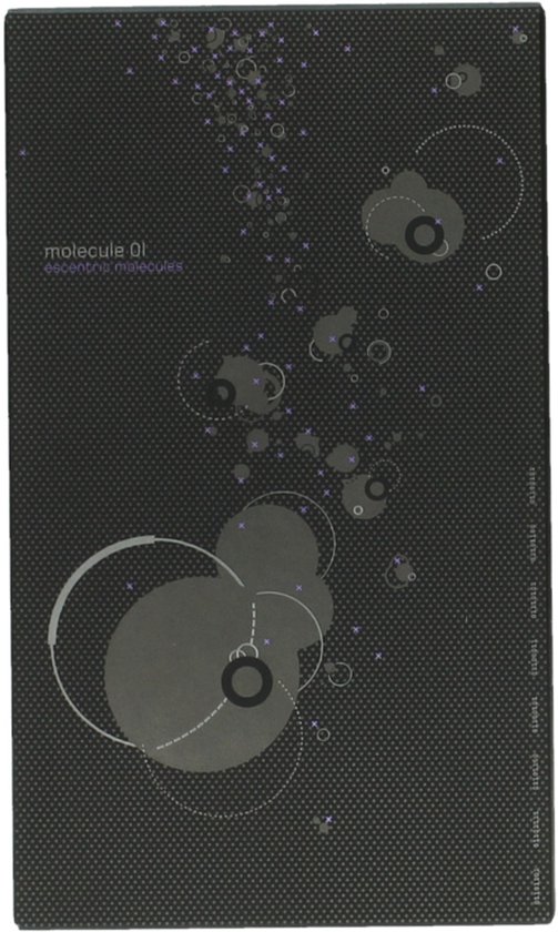 Donkergrijze doos met abstracte cirkels en paarse stippen. Tekst: 'molecule 01 escentric molecules'.