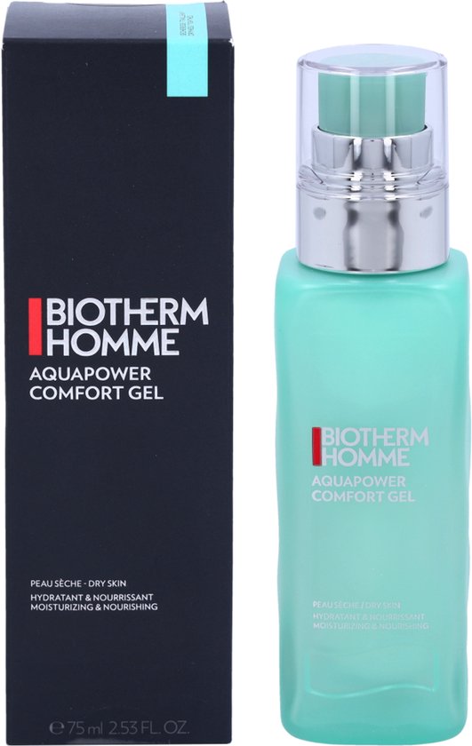 BIOTHERM HOMME Aquapower Comfort Gel flesje naast zijn zwarte doos
