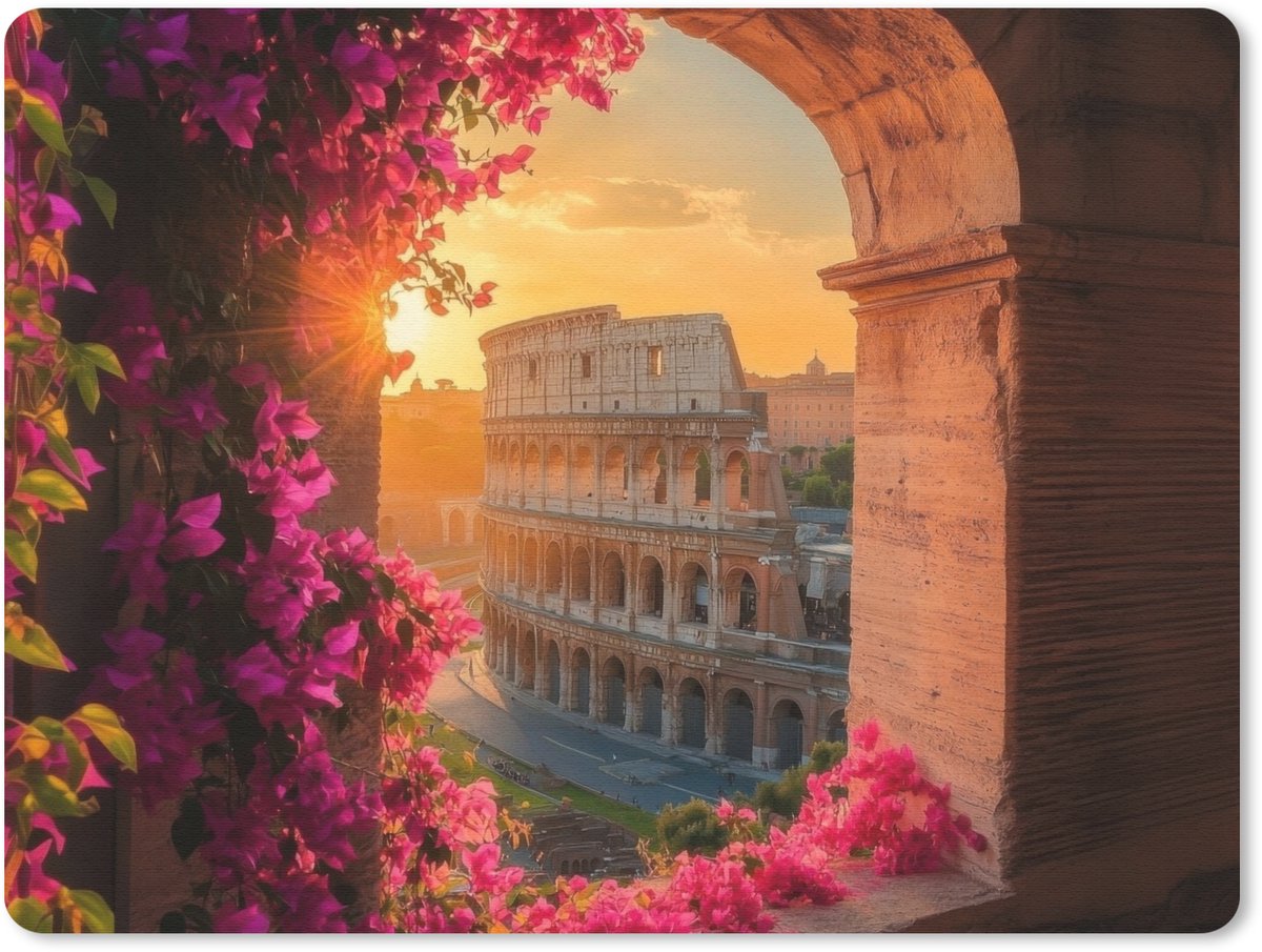 Muismat 23x19 cm - Mousepad Colosseum - Rome - Roze Bloemen - Muismatten